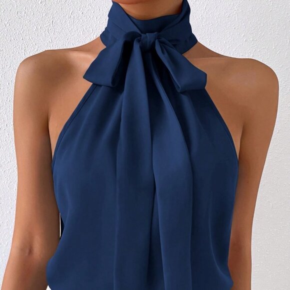 Navy Blue Preppy Womens Solid Tie Neck Halter Top - Picture 2 of 5